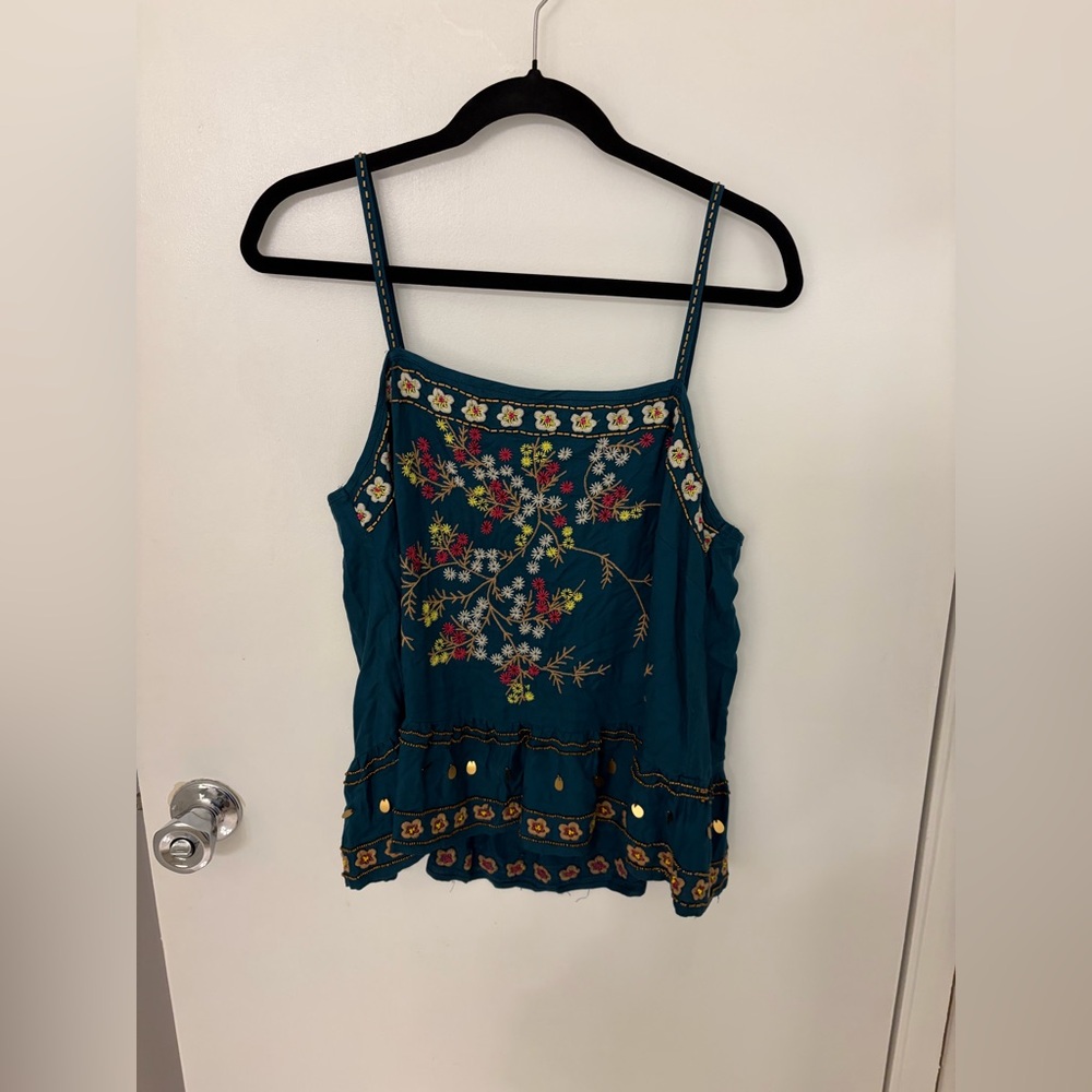Anthropologie Teal Embroidered Floral Spaghetti-Strap Camisole beaded